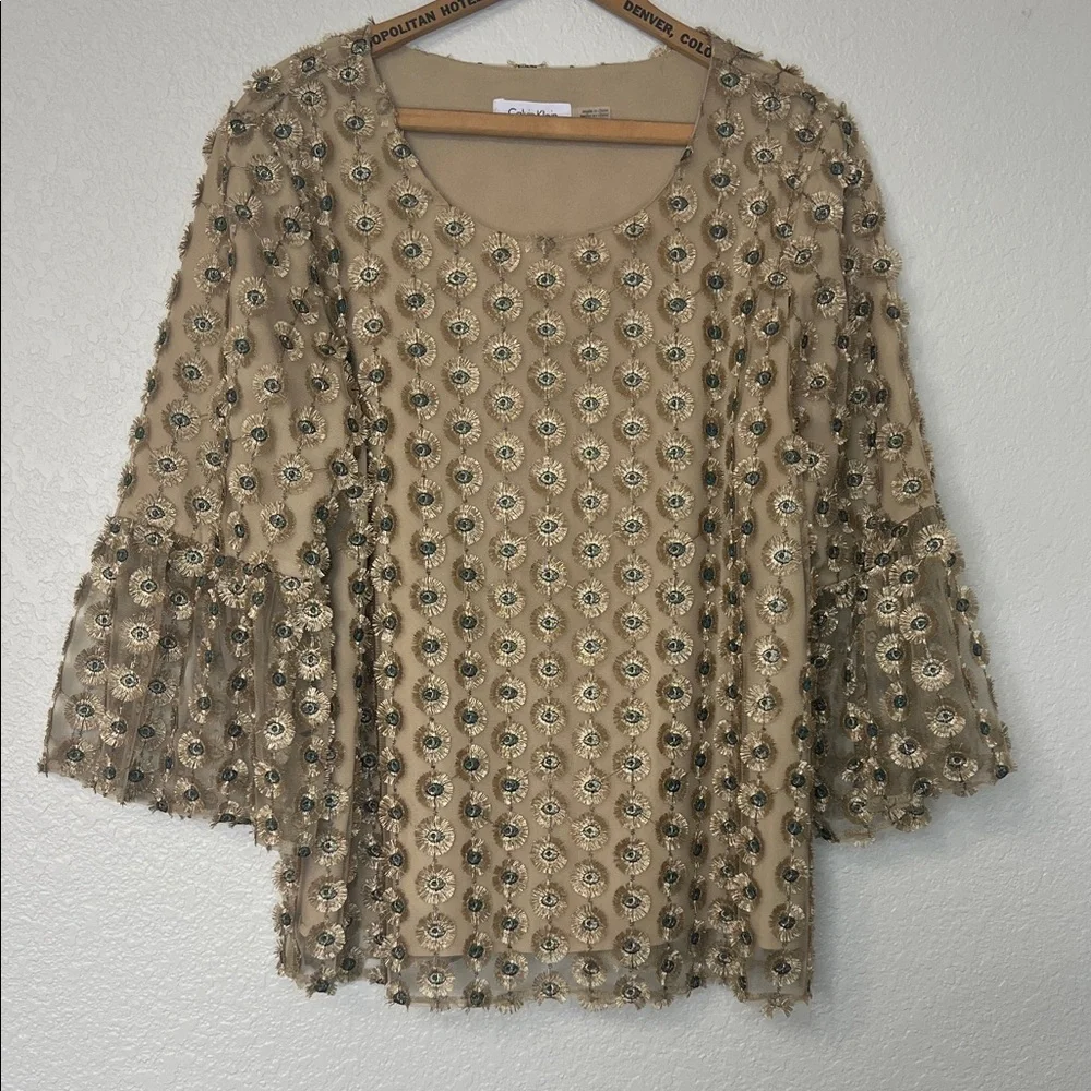 Calvin Klein Top Gold and Blue Overlay Gorgeous Bell Sleeve Special Occasion L - Picture 4 of 6